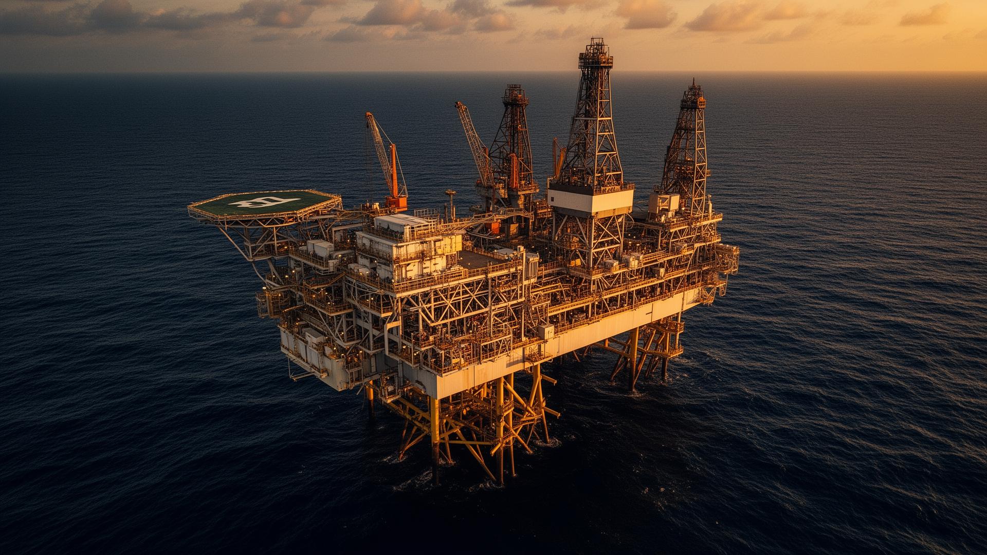Offshore oil and gas production platform at golden hour